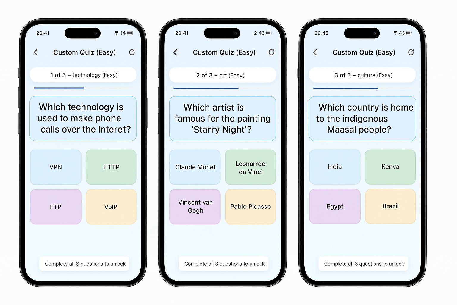 Quiz interface showing multiple choice questions with colorful options.