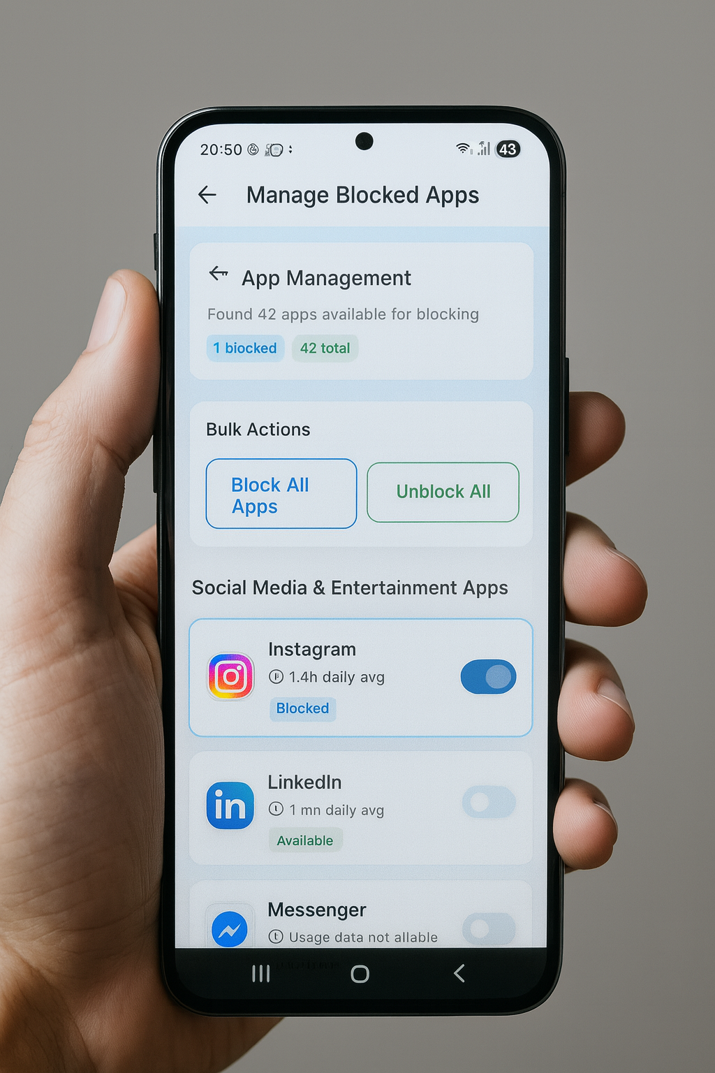 App Management screen showing blocked apps list with Instagram, LinkedIn, Messenger.