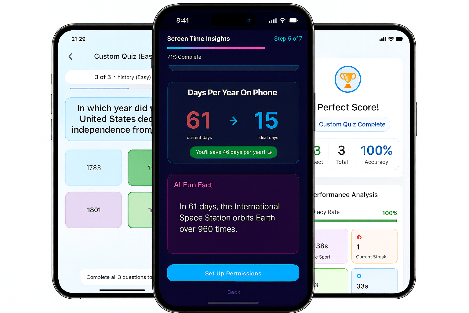 Three iPhone mockups displaying quiz app with multiple choice questions, screen time insights dashboard showing 71% completion progress, and perfect score achievement screen with 100% accuracy